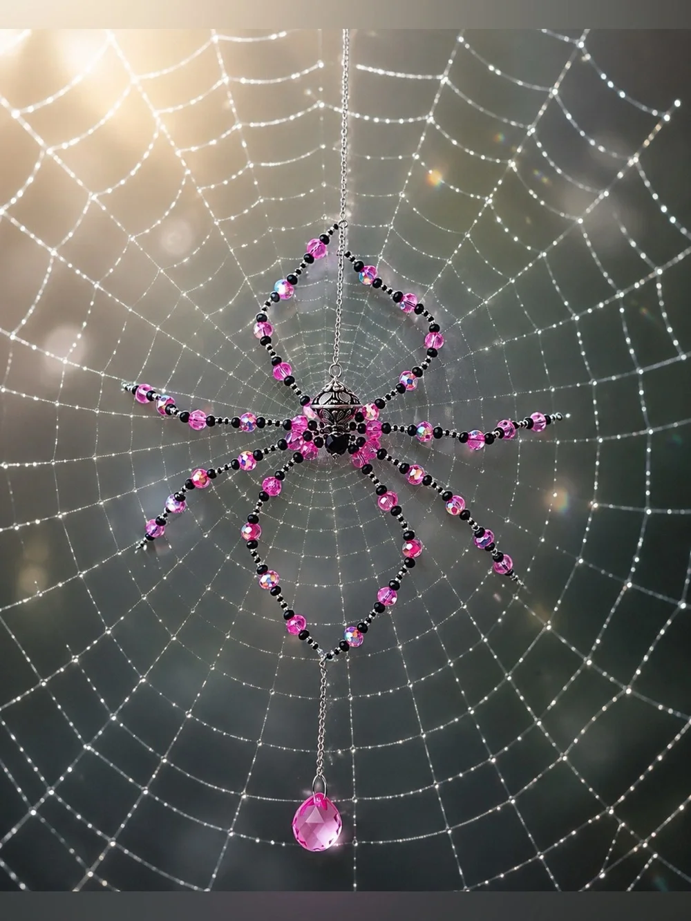 Pink & Black Beaded Spider Crystal Sun Catcher